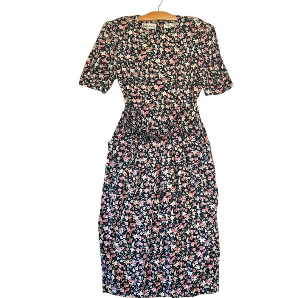 Vintage Karin Stevens Dark Petite Floral Midi Dress sz  M Belted Modest Cottage